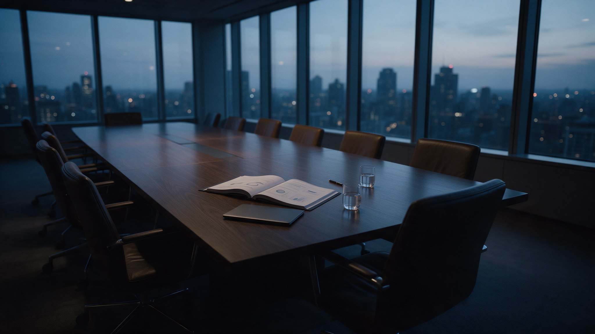 Empty boardroom at dusk with a printed report open on the table