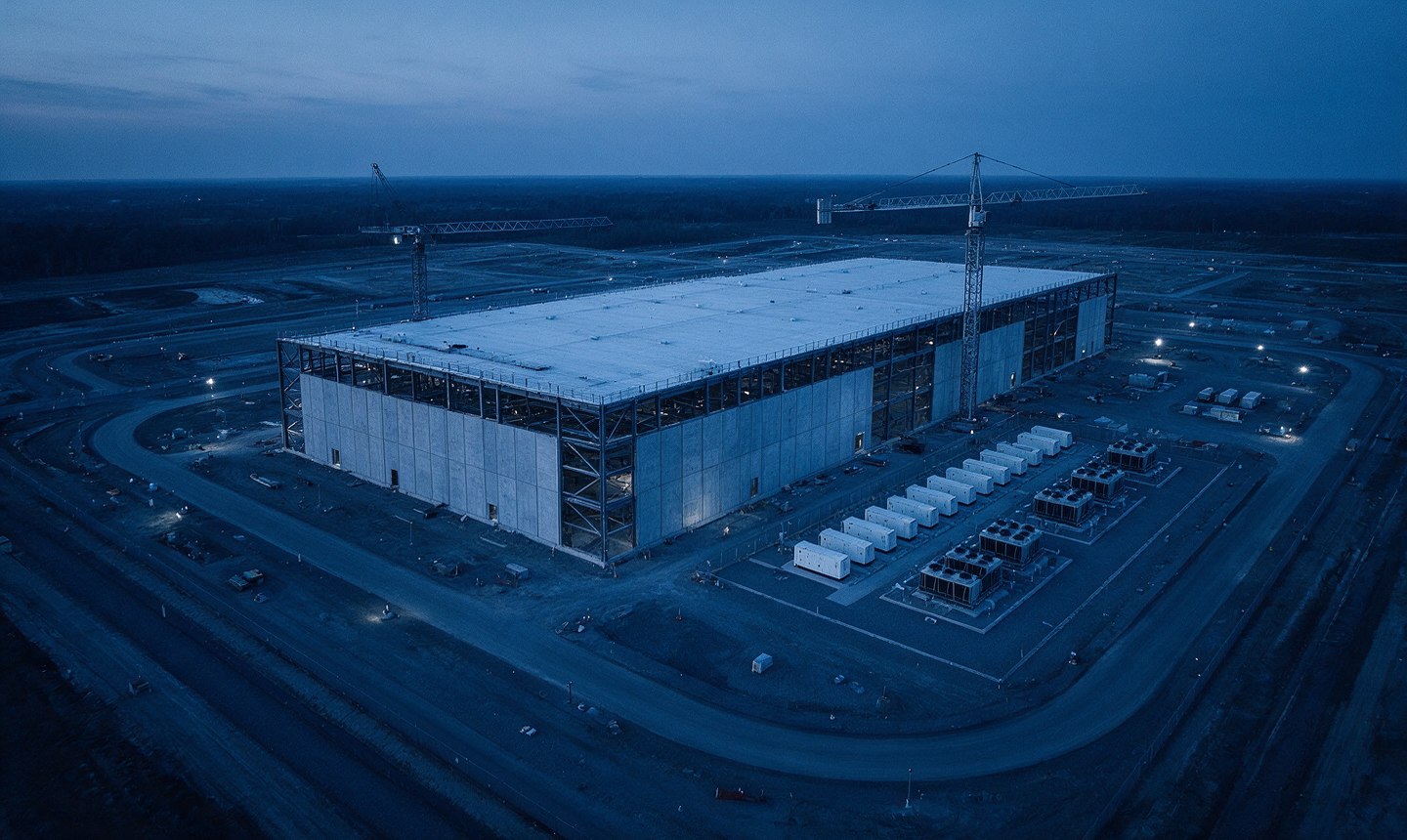 Aerial view of a data center campus under construction at dusk
