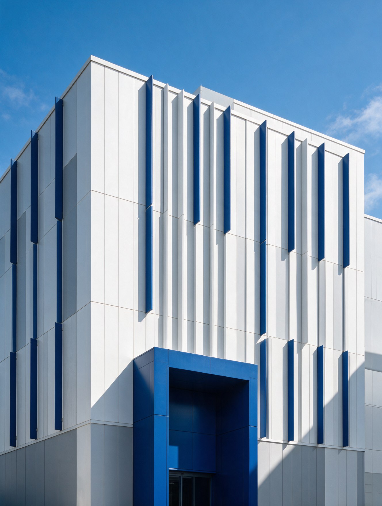 Finished data center facade with a blue entrance