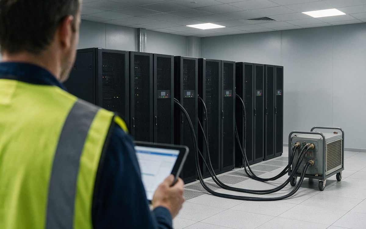 Technician with a tablet in front of UPS cabinets and a load bank